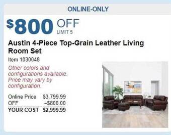 Costco Austin 4-piece top-grain leather living room set offer