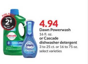 Hy-Vee Dawn powerwash or cascade dishwasher detergent offer