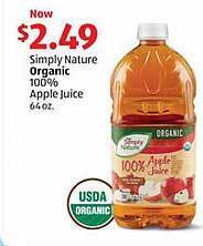 Aldi Simply nature organic 100% apple juice offer