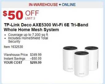 Costco Tp-link deco axe5300 wi-fi 6e tri-band whole home mesh system offer