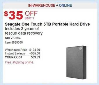 Costco Seagate one touch 5tb portable hard drive offer
