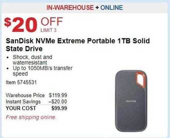 Costco Sandisk nvme extreme portable 1tb solid state drive offer