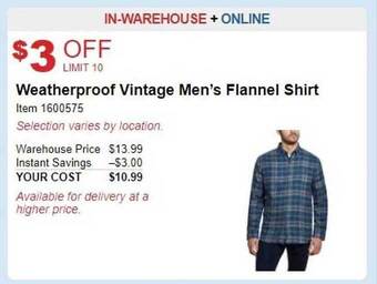 Costco Weatherproof vintage men's flannel shirt offer