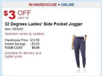 Costco 32 degrees ladies' side pocket jogger offer