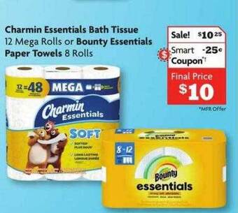 Family Dollar Charmin essentials bath tissue or bounty essentials paper towels offer