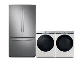 Samsung 3-door french door refrigerator, ai powered smart dial front load washer and ai powered smart dial and super speed dry dryer offer