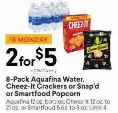 Nob Hill 8-pack aquafina water, cheez-it crackers or snap'd or smartfood popcorn offer
