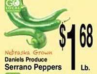 Super Saver Daniels produce serrano peppers offer