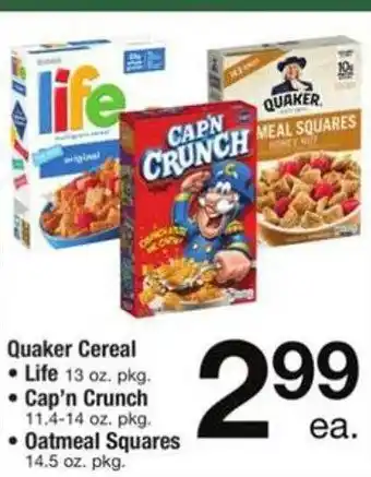 ACME Quaker cereal life, cap'n crunch or oatmeal squares offer