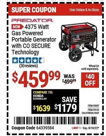 Harbor Freight Tools Predator 4375 watt gas powered portable generator with co secure technology offer