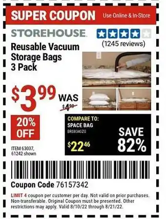 Harbor Freight Tools Storehouse reusable vacuum storage bags 3 pack offer