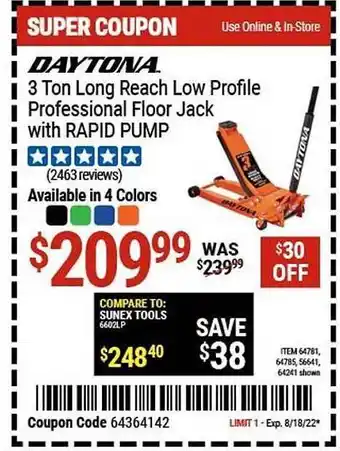 Harbor Freight Tools Daytona 3 ton long reach low profile professional floor jack with rapid pump offer