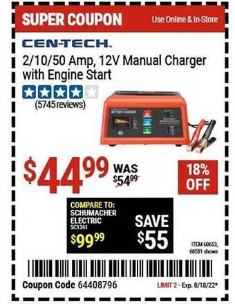 Harbor Freight Tools Cen-tech 2-10-50 amp, 12v manual charger with engine start offer