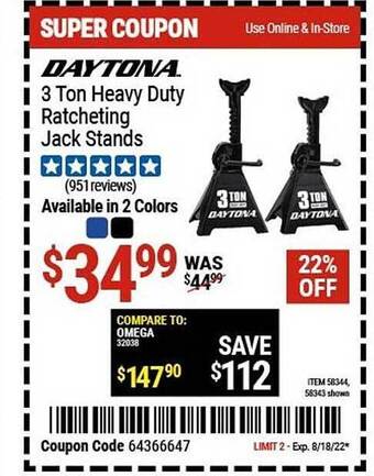 Harbor Freight Tools Daytona 3 ton heavy duty ratcheting jack stands offer