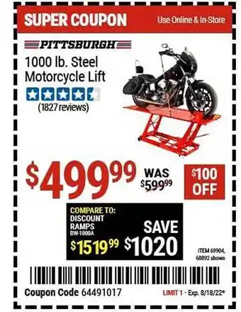 Harbor Freight Tools Pittsburgh 1000 lb. steel motorcycle lift offer