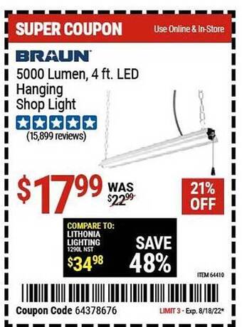 Harbor Freight Tools Braun 5000 lumen 4 ft. led hanging shop light offer