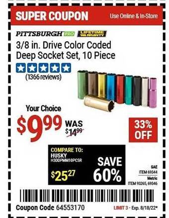 Harbor Freight Tools Pittsburgh 3-8 in. drive color coded deep socket set, 10 piece offer