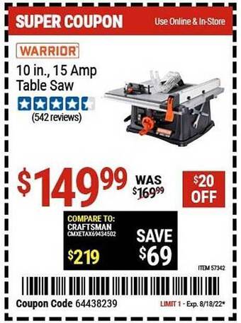 Harbor Freight Tools Warrior 10 in. 15 amp table saw offer