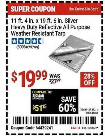 Harbor Freight Tools 11 ft. 4 in. x 19 ft. 6 in. silver heavy duty reflective all purpose weather resistant tarp offer