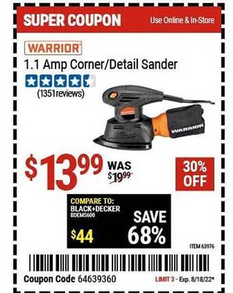 Harbor Freight Tools Warrior 1.1 amp corner-detail sander offer