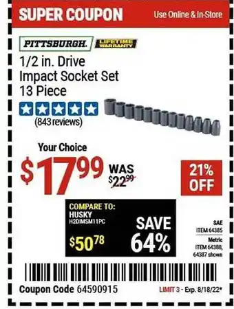 Harbor Freight Tools Pittsburgh 1-2 in. drive impact socket set 13 piece offer