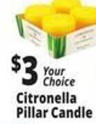 Ocean State Job Lot Citronella pillar candle offer