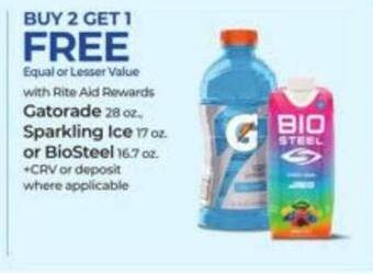 Rite Aid Gatorade sparkling ice or biosteel offer