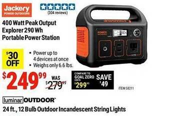 Harbor Freight Tools Jackery 400 watt peak output explorer 290 wh portable power station offer