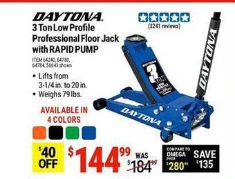 Harbor Freight Tools Daytona 3 ton low profile professional floor jack with rapid pump offer