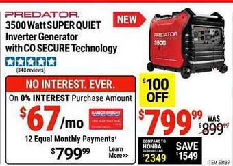 Harbor Freight Tools Predator 3500 watt super quiet inverter generator with co secure technology offer