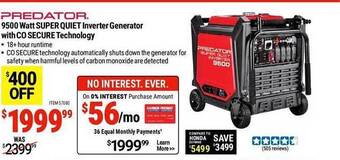 Harbor Freight Tools Predator 9500 watt super quiet inverter generator with co secure technology offer