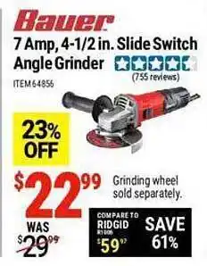 Harbor Freight Tools Bauer 7 amp 4-1 2 in slide switch angle grinder offer