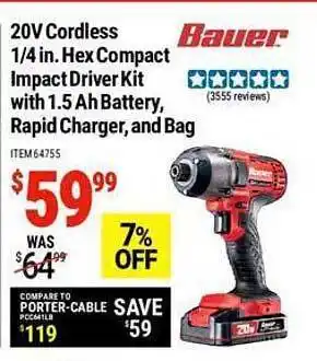 Harbor Freight Tools 20v cordless 1 4 in hex compact impact driver kit with 1.5 ah battery rapid charger and bag offer
