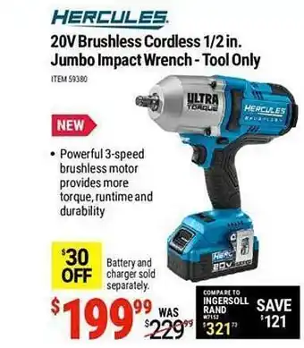 Harbor Freight Tools Hercules 20v brushless cordless 1 2 in jumbo impact wrench tool only offer