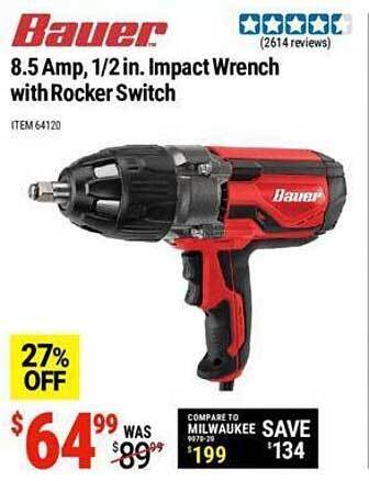 Harbor Freight Tools Bauer 8.5 amp 1 2 in impact wrench with rocker switch offer
