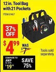 Harbor Freight Tools 12 in tool bag with 21 pockets offer