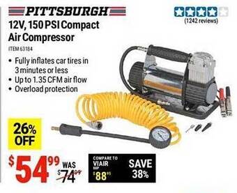 Harbor Freight Tools Pittsburgh 12v 150 psi compact air compressor offer