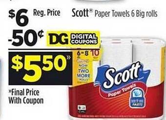 Dollar General Scott paper towels 6 big rolls offer