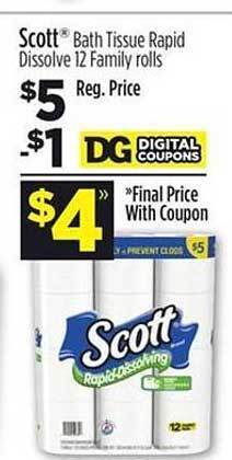 Dollar General Scott bath tissue rapid dissolve 12 family rolls offer
