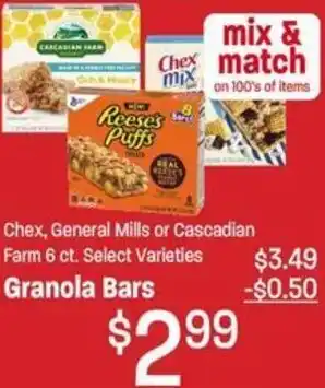 Ridley's Family Markets Chex, General Mills or Cascadian Granola Bars offer