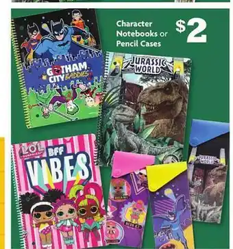 Family Dollar Character notebooks or pencil cases offer
