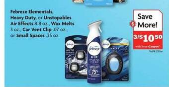 Family Dollar Febreze elementals, heavy duty or unstopables air effects, wax melts, car vent clip or small spaces offer