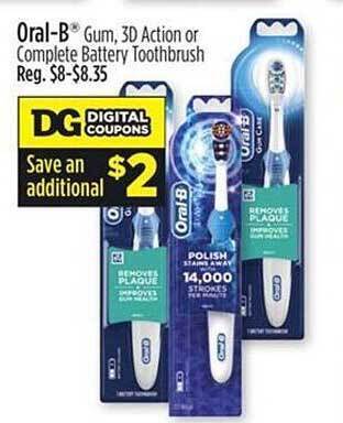 Dollar General Oral-b gum, 3d action or complete battery toothbrush offer