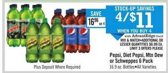 Price Chopper Pepsi diet pepsi mtn dew or schweppes 6 pack offer