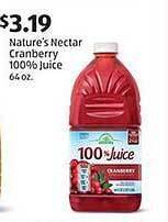 Aldi Nature's nectar cranberry 100% juice offer