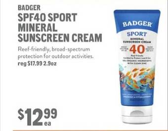 New Seasons Market Badger spf40 sport mineral sunscreen cream offer