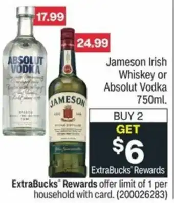 CVS Jameson Irish Whiskey or Absolut Vodka 750 ml offer