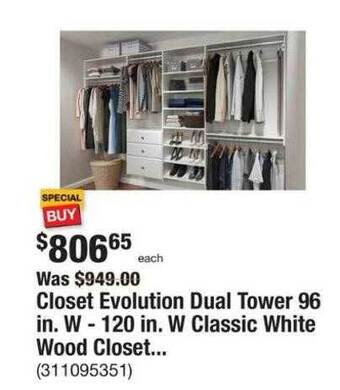 The Home Depot Closet evolution dual tower 96 in w-120 in.w classic white wood closet offer