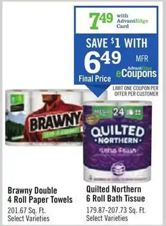 Price Chopper Brawny double 4 roll paper towels, quilted northern 6 roll bath tissue offer