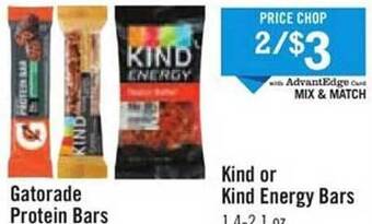 Price Chopper Gatorade protein bars, kind or kind energy bars offer